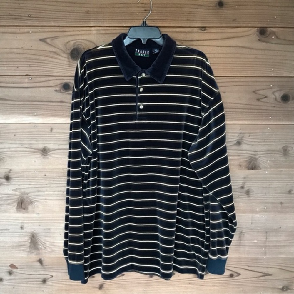 Trader Bay Vintage Velour Striped Long Sleeve Polo Size XLT
